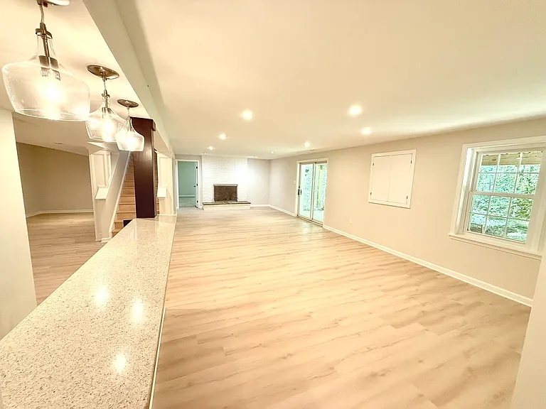 Basement family room with bar and fireplace and two large open living or play areas