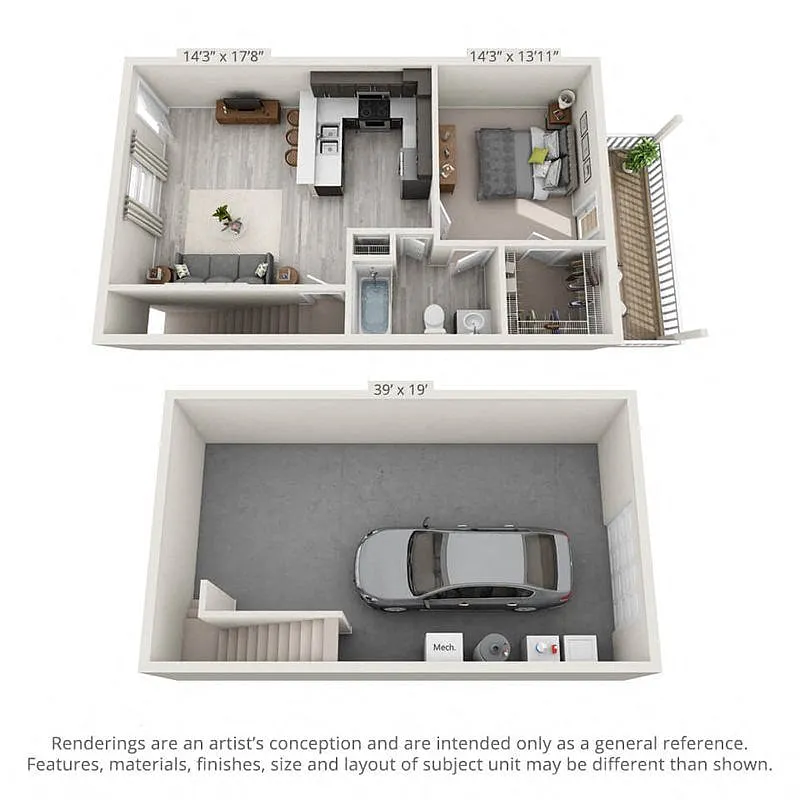 Floor plan 1 Bedroom with Garage - 760sf