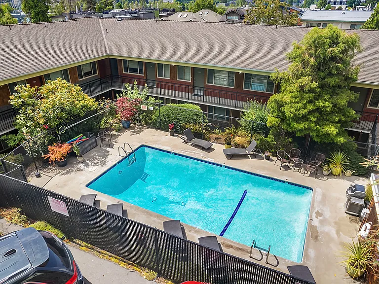 Drone shot of pool and shared balcony