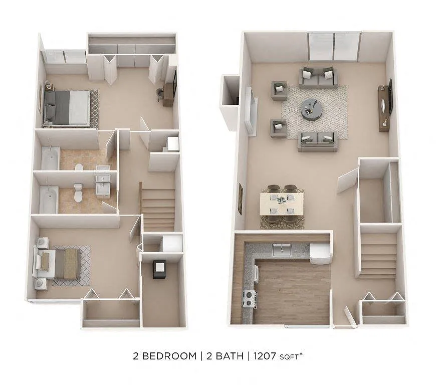 Floor plan Two Bedroom 2 Bath Townhome- 1207 sqft