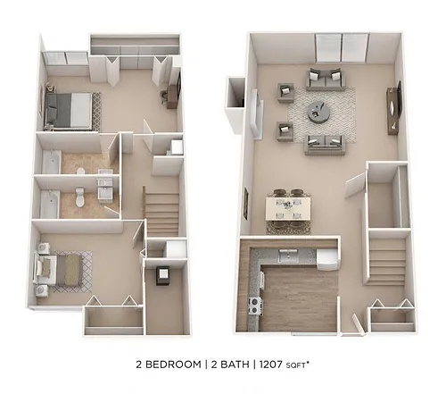 Floor plan Two Bedroom 2 Bath Townhome- 1207 sqft