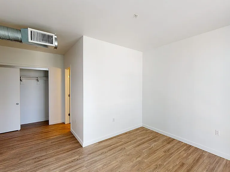 Apartment living room with wood-style flooring.
