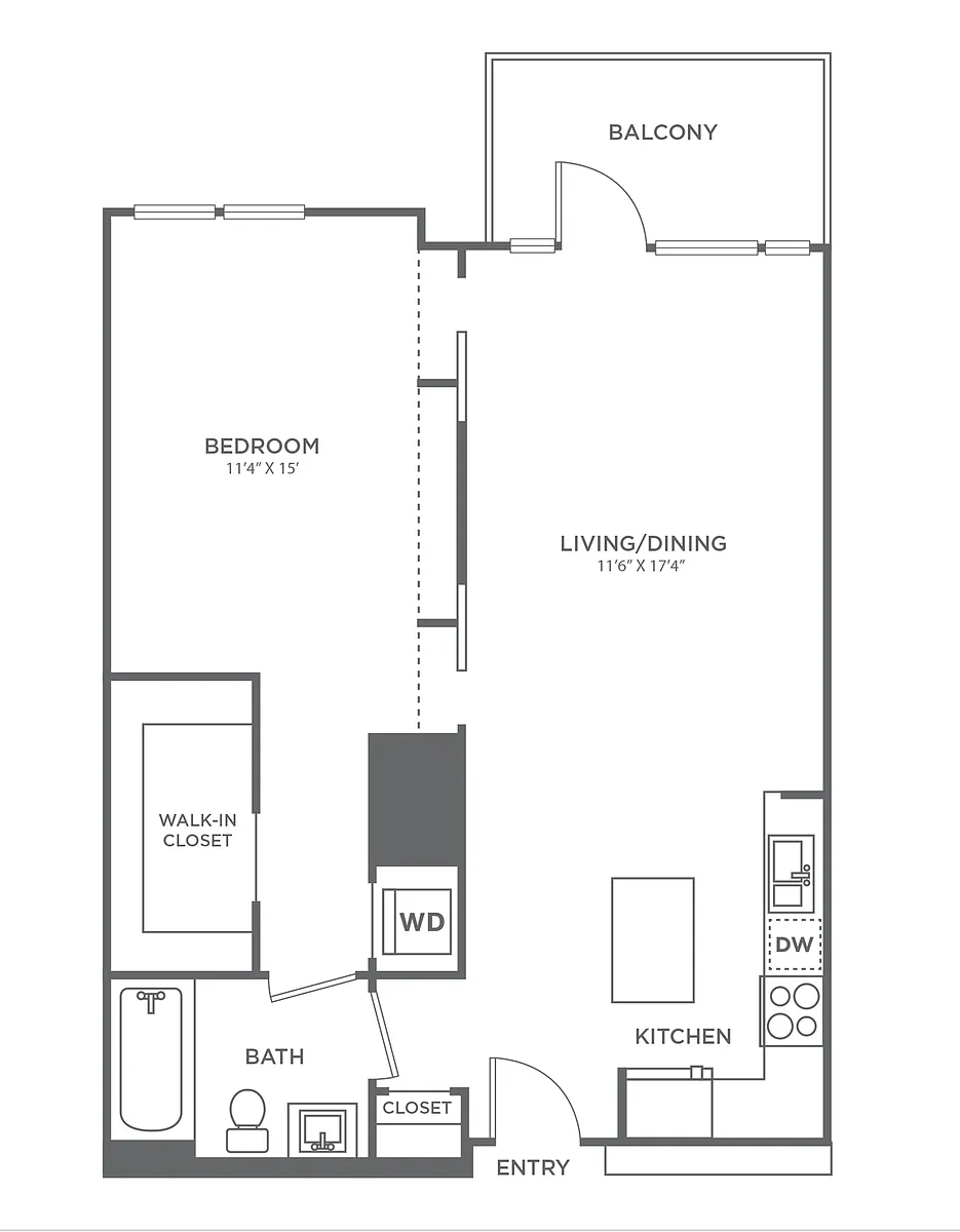 Floor plan One Bedroom One Bath (740 SF)