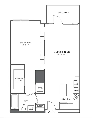 Floor plan One Bedroom One Bath (740 SF)