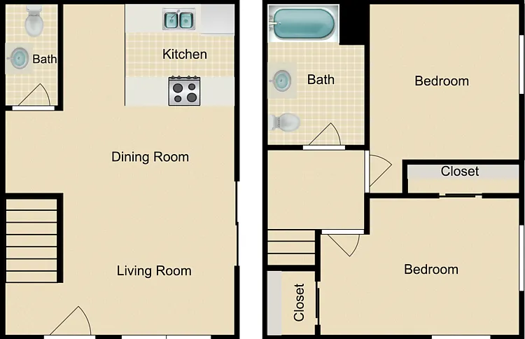 2 Bed 1.5 Bath Floorplan Diagram