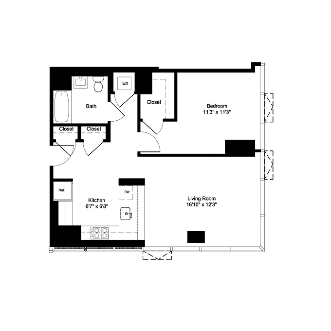Floor plan One Bedroom E 2-19