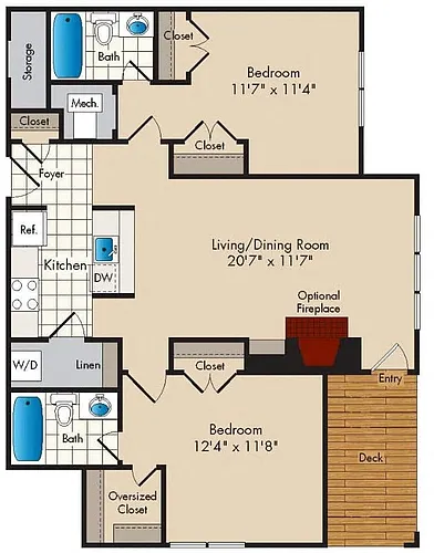 Floor plan 2 Bedroom/2 Bath - 962 square feet