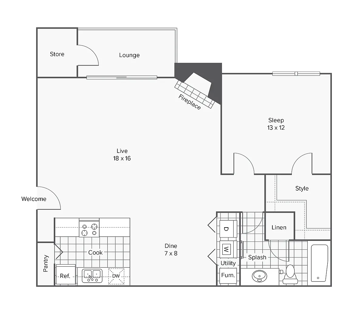 Floor plan 1 Bed 1 Bath Washer Dryer