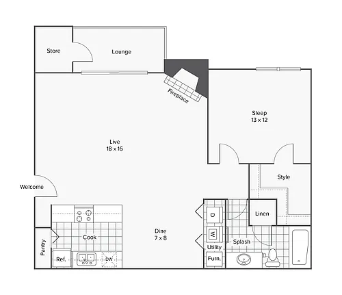 Floor plan 1 Bed 1 Bath Washer Dryer