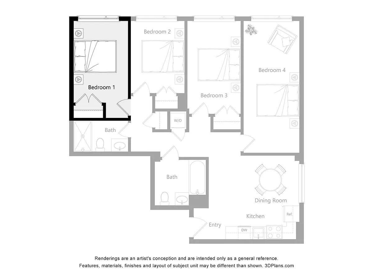 Floor plan Furnished Room in a 4 Bedroom 2 Bathroom (J1)