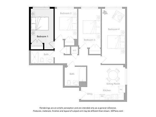 Floor plan Furnished Room in a 4 Bedroom 2 Bathroom (J1)