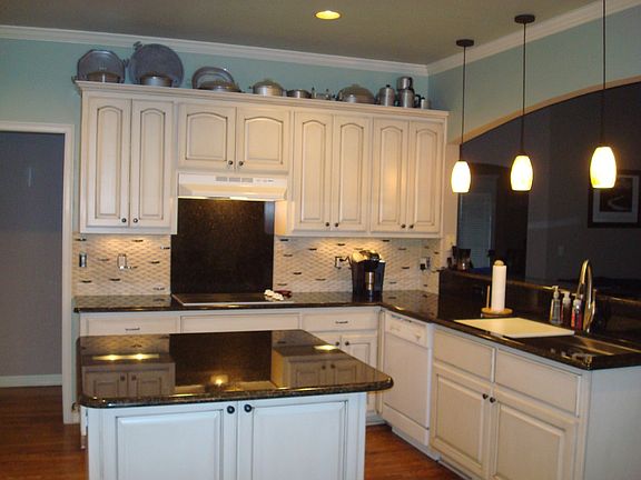 painted/glazed cabinets, grantite, Galley Sink, pendant/under counter lights