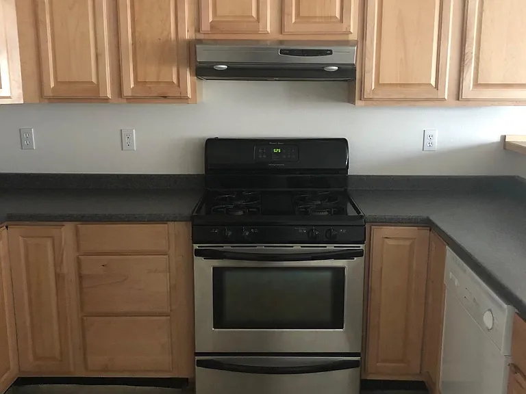 Kitchen - gas stove w overhead fan; dishwasher.