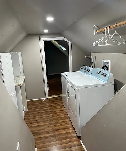 View of laundry/pantry room from entry doorway of living room/kitchen area