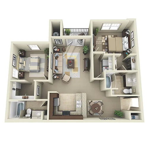 Floor plan 2 BR 2 BA (1097 SF)
