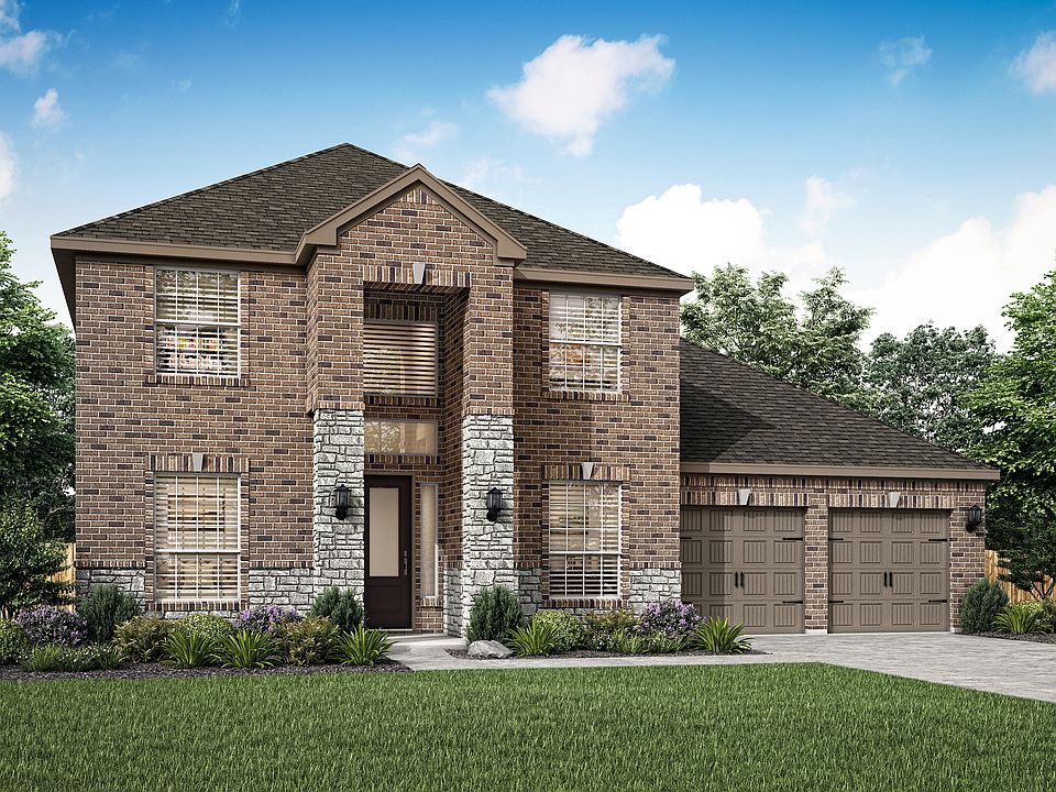 The Redwood is a two story home with brick and stone.