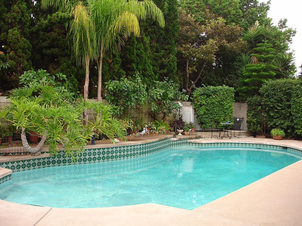 Beautiful swimming pool surrounded by lush trees