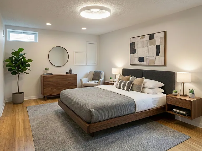 Comfortable bedroom staged with a queen bed, nightstands, updated flooring, and a modern, multicolored ceiling light/fan.