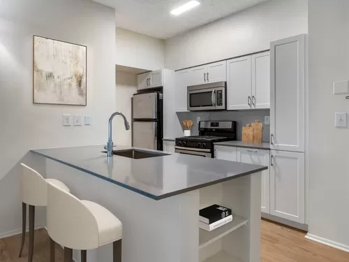 Renovated Package III kitchen with grey quartz countertops, white cabinetry, stainless steel appliances, tile backsplash, and hard surface plank flooring - Avalon Cove