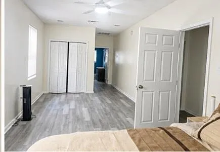 Spacious bedroom with plank flooring, ceiling fan, and a large closet, plus easy access to the hallway and nearby bath.