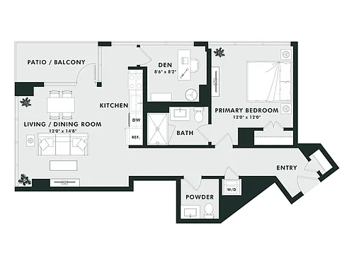 Floor plan C10 | 1 Bed | 1.5 Bath | Den