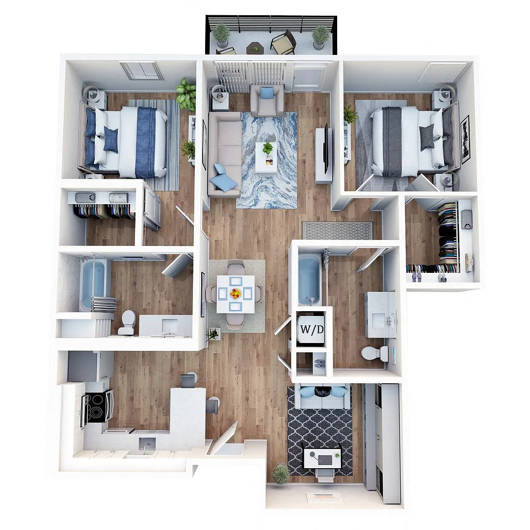 Floor plan 2 Bedroom With Den, 2 Bath + Patio
