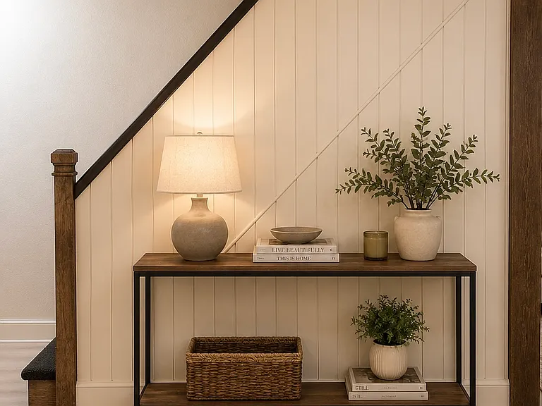 Staircase to the second floor with digitally staged furniture.