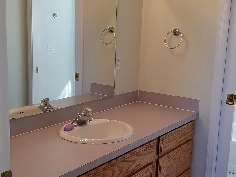 Main bathroom on second floor. Has a pocket door to divide the bath area from the sink and vanity.