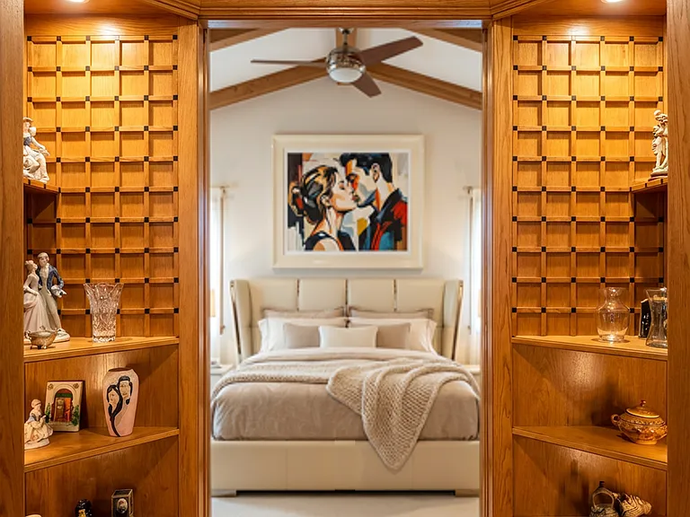 Octagon-shaped entry to the master bedroom featuring custom wood lattice panels accented with striking hand-painted black dots, built-in shelves, and integrated lighting for a warm, elegant look