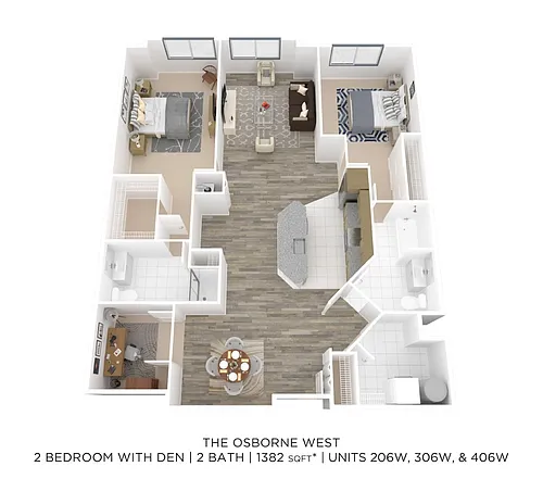 Floor plan Two Bedroom 2 Bath - 1,382 sqft