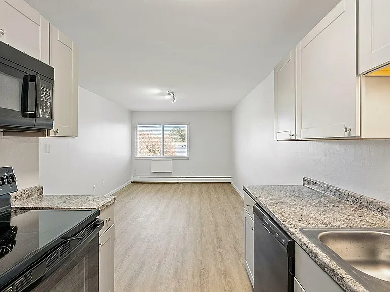 Modern kitchen with sleek appliances and ample natural light, featuring stylish countertops and a spacious layout.
