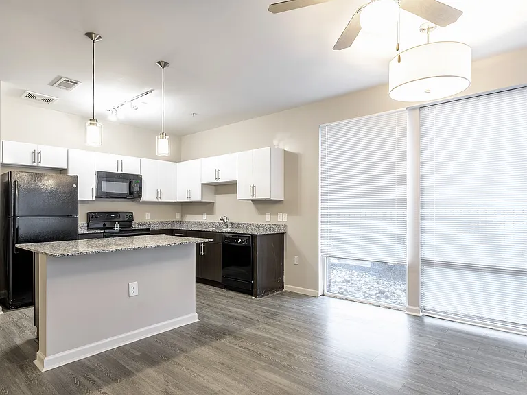Modern kitchen with sleek granite countertops, contemporary lighting, and abundant natural light from large windows.