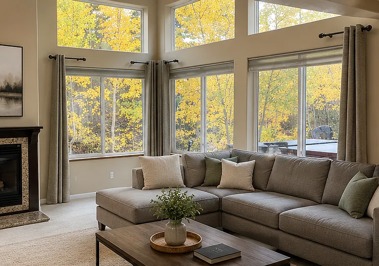 Vaulted great room with fireplace and abundant natural light