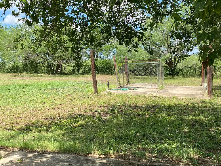 Still in the back yard! Large mature shade trees, dog kennel on concrete pad with water faucet next to it.
