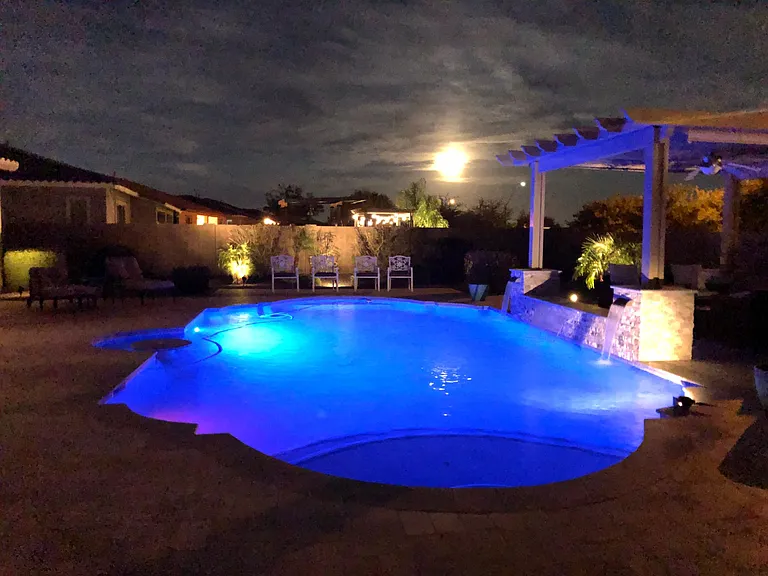 Private pool has changing light features and water can be heated
