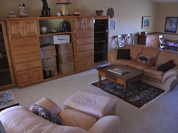 Living Room : Living room and dining room with cathedral ceilings. Oak entertainment center.