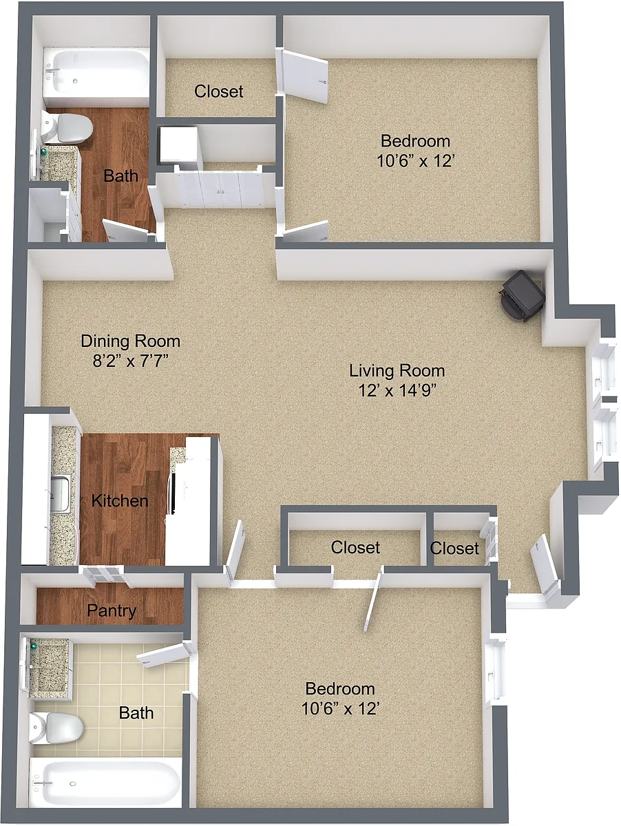 Floor plan Two Bedroom Fireplace and Bay Window