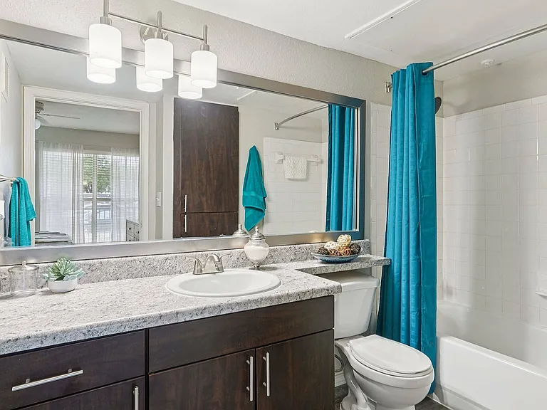 Enjoy a bright and modern bathroom design at Oak Forest apartments.
