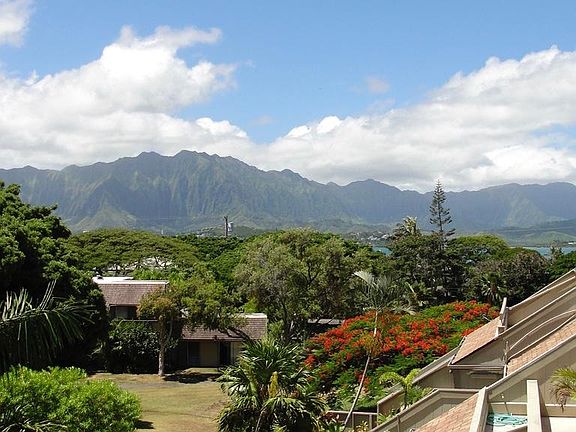 View from the balcony/lanai of the park areas below, Kaneohe Bay and the beautiful Koo'lau Mountain Range.