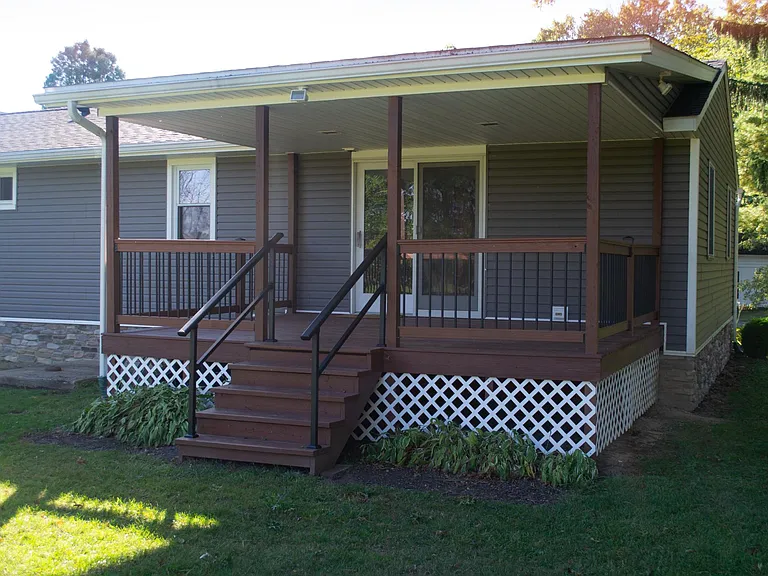 Covered wood deck.