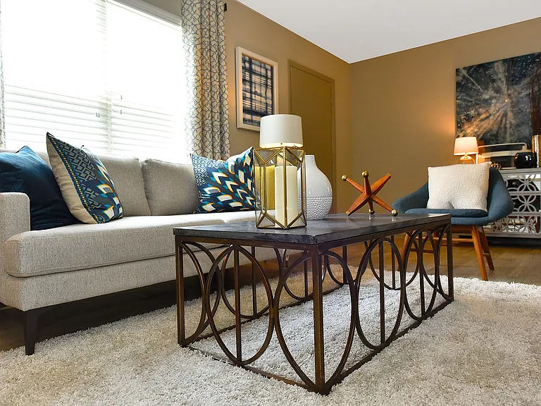 Spacious living room with hardwood-style flooring
