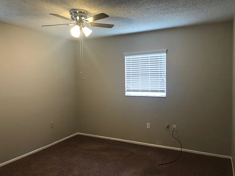 Master bedroom with wide slat blinds and ceiling fan