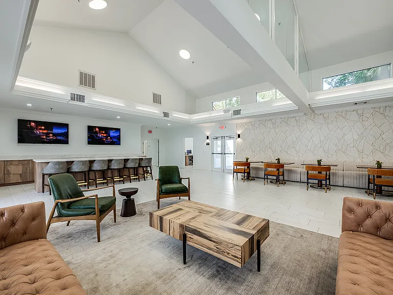 Open resident lounge designed for socializing and relaxation