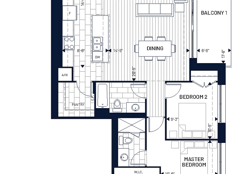 2 Bed
Balcony 1: 120 sq. ft.
Balcony 2: 130 sq. ft.