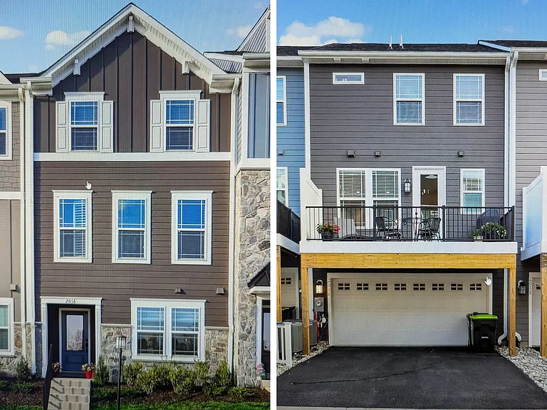 Front + back. REAR-load OVERSIZED 2 car garage, elevated trex deck, 4 reserved parking spaces conveniently outside your back door. Trash picked up from the back by the HOA.
