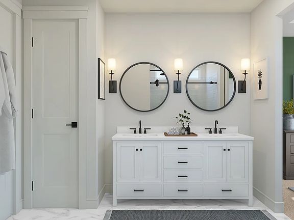 Primary bath with freestanding dual vanities