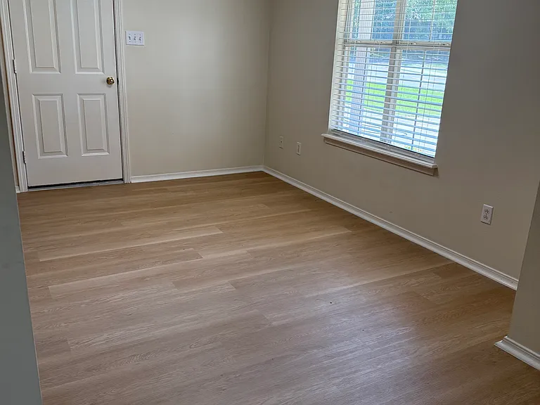 Dining area and garage door.