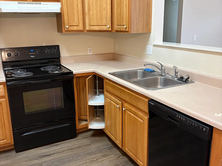 right side of kitchen showing dishwasher, sink, turnstile, and stove/oven