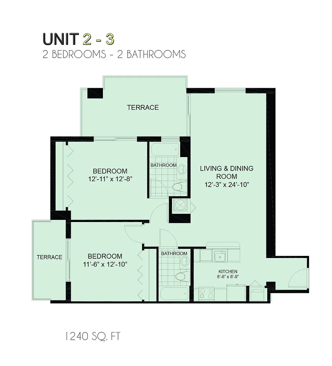 Floor plan 2 Beds - 2 Batsh 1240 sqf