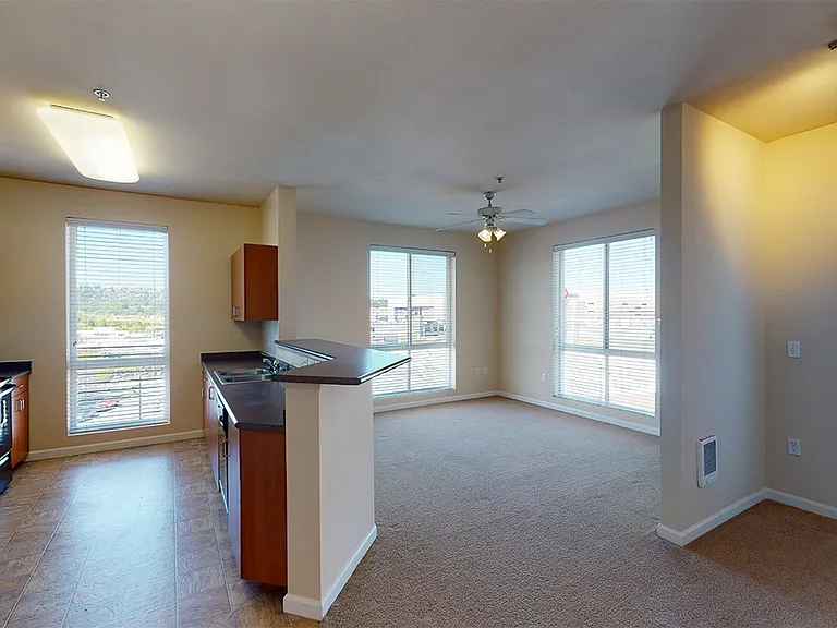 Apartment kitchen, dining and living room with wood-style flooring.